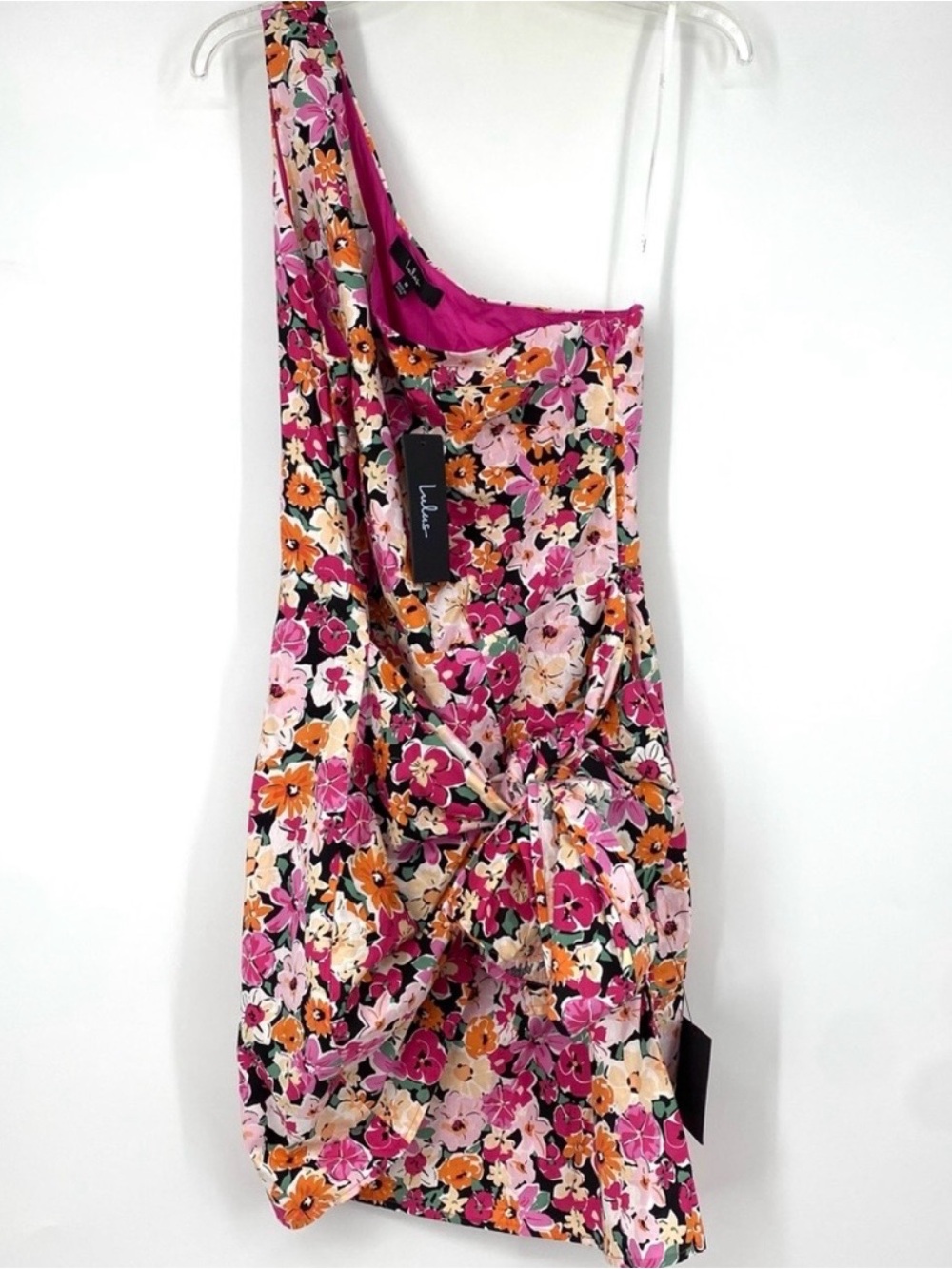 Lulu's One-Shoulder Floral Dress in Pink, Orange, Black